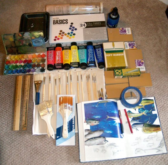 Painting supplies for mural. Liquitex Acrylic paints, brushes, watercolors, sketchbook and tape