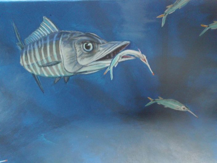 3/4 angle of final wahoo with ballyhoo in it's mouth