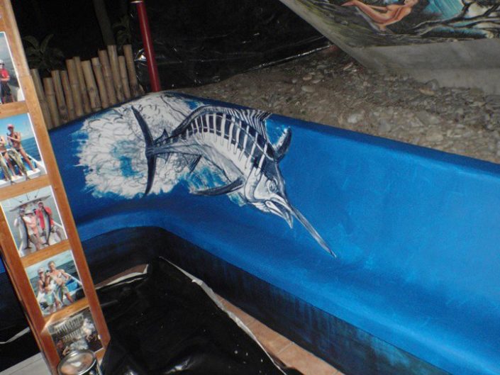 Marlin sketch on primed bench with blue background